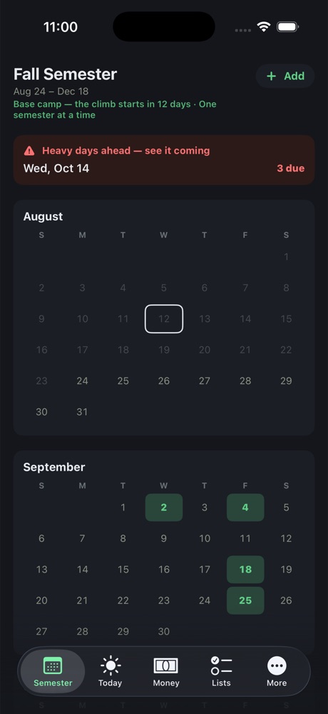The Semester page — the whole term on one screen, heavy days flagged